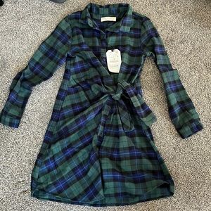Green and blue plaid flannel shirt dress